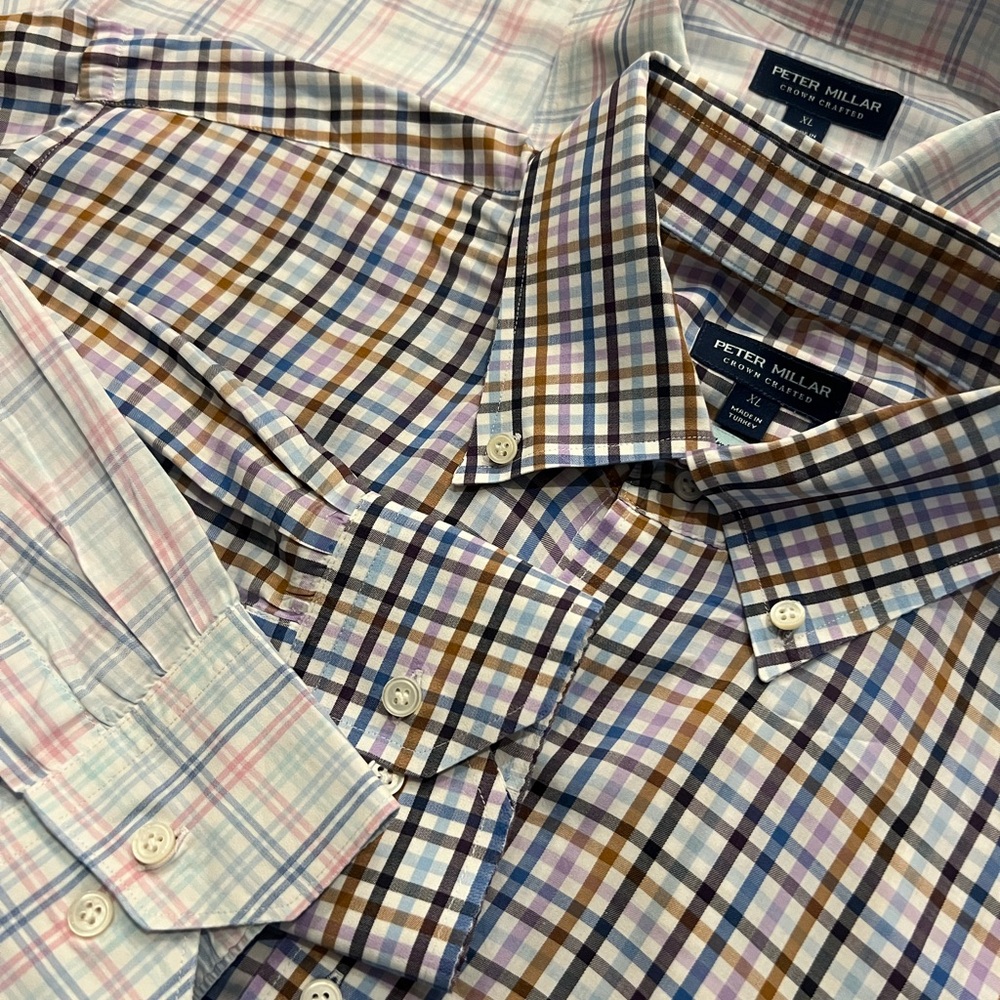 Peter Millar Men’s Gingham Multicolored Check Button-Down Up Shirt - Lot of 2